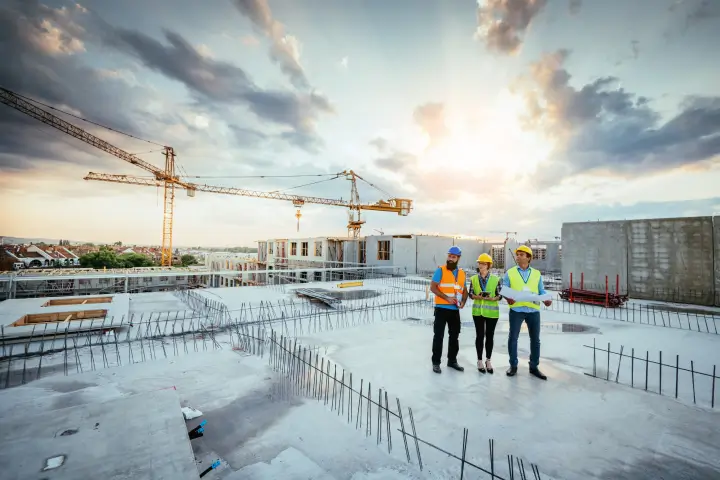 Construction workers on roof of building